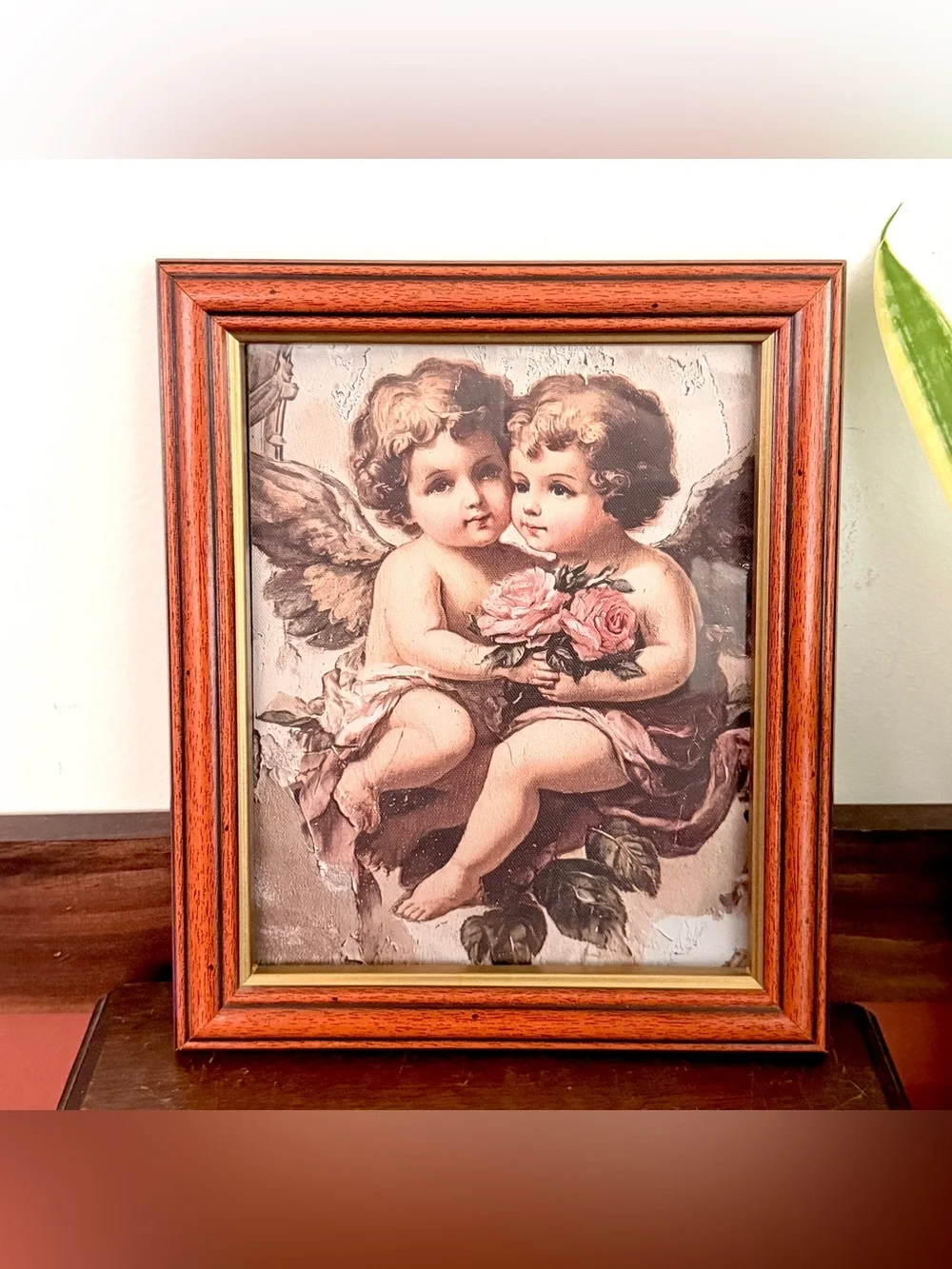 Vintage Style Cupid Cherub Floral Shabby Chic Wood Framed Canvas Art Print 10x12